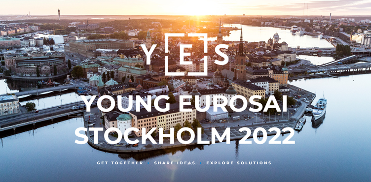 Skärmklipp från YES-konferensens webbplats, Flygbild över Stockholm med texten Young EUROSAI Stockholm 2022.