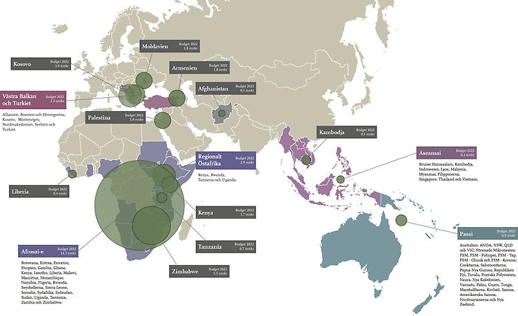 Världskarta som visar i vilka områden Riksrevisionens internationella utvecklingssamarbeten finns. Läs mer om våra samarbeten i bilaga 1.
